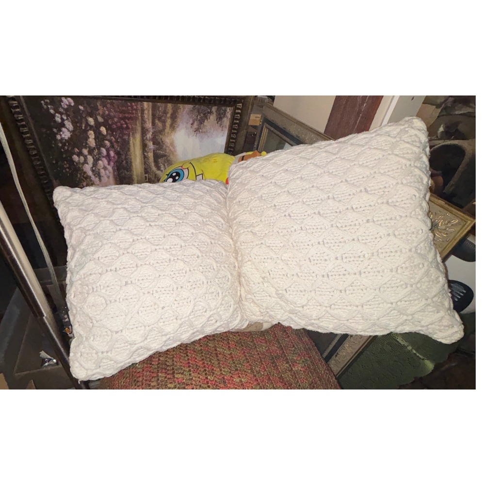 Set of 2 Cream Lattice Knit Decorative Throw Pillows Square 14.5in Boho Accent